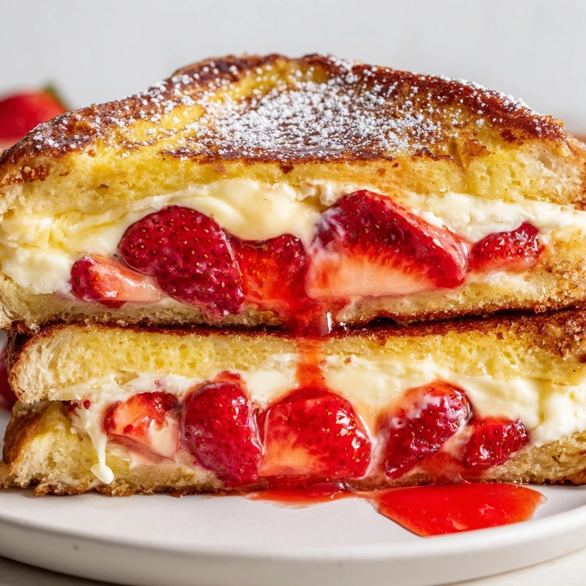 Warm Cream Cheese Stuffed French Toast With Strawberry Drizzle plated with melting butter  