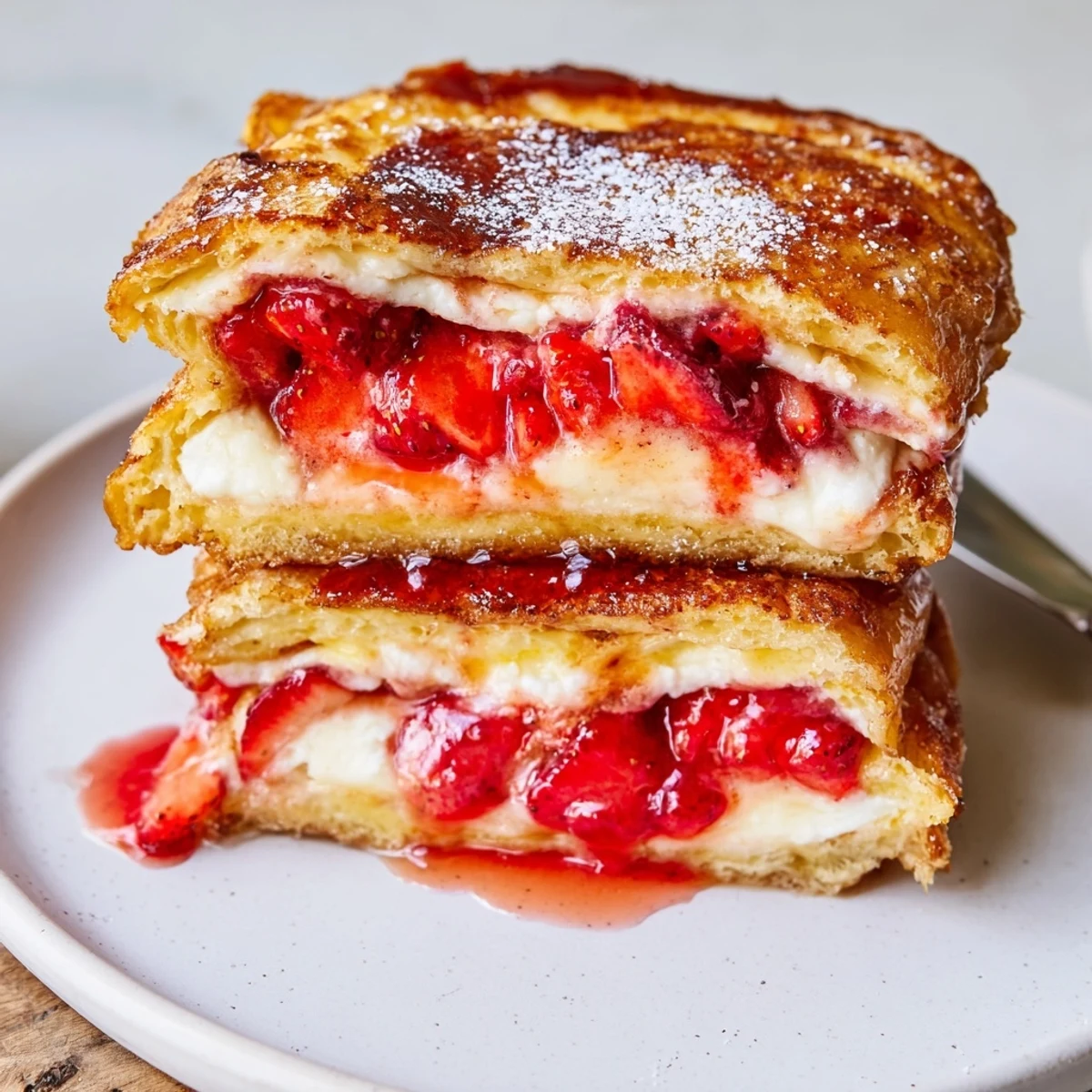 Sliced Cream Cheese Stuffed French Toast With Strawberry Drizzle, tangy-sweet berries pooling warm