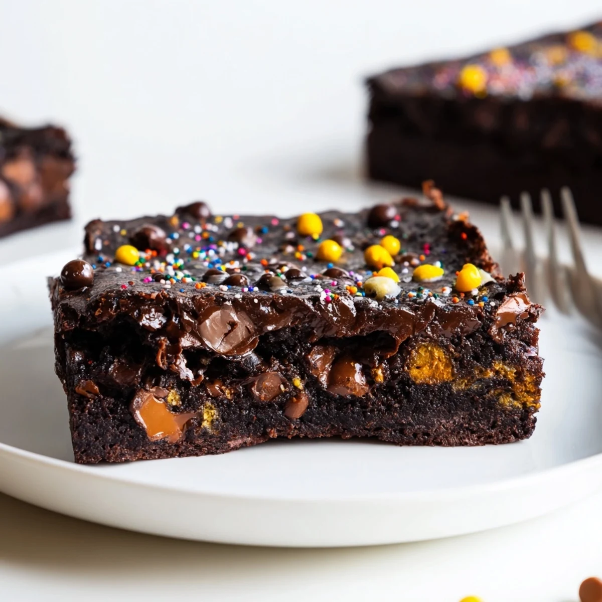 Sourdough Cosmic Chocolate Brownies cooling on a rack, glossy chocolate and sprinkles.