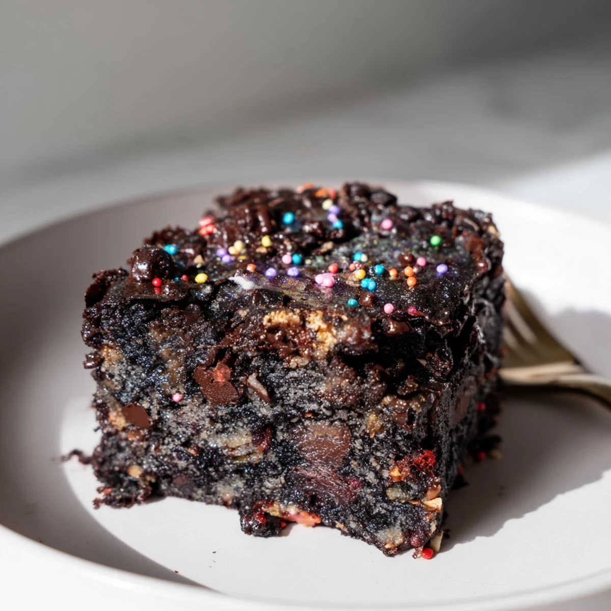 A square of Sourdough Cosmic Chocolate Brownies resting beside a cold glass of milk.