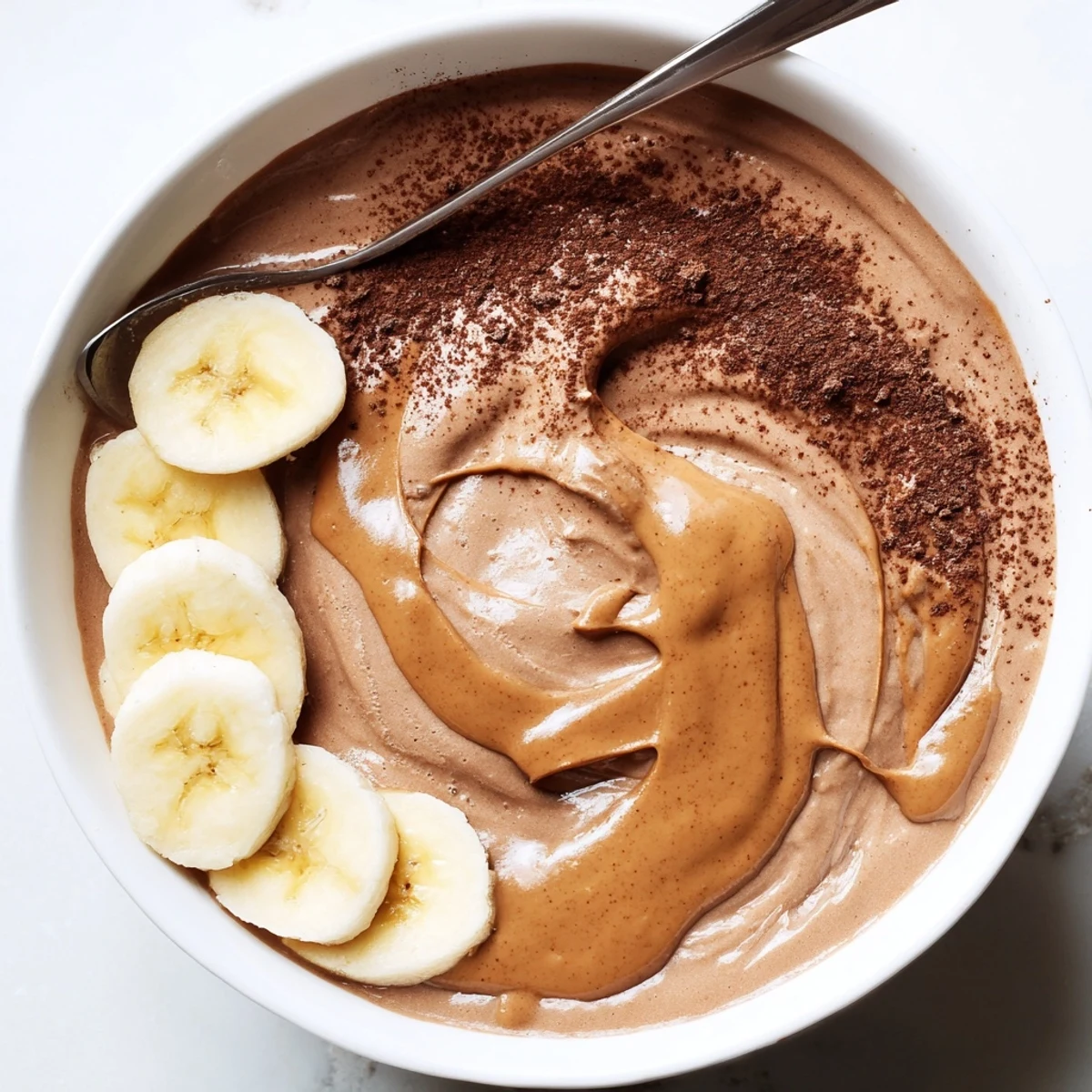 Chocolate Peanut Butter Banana smoothie in tall glass, creamy texture and banana garnish
