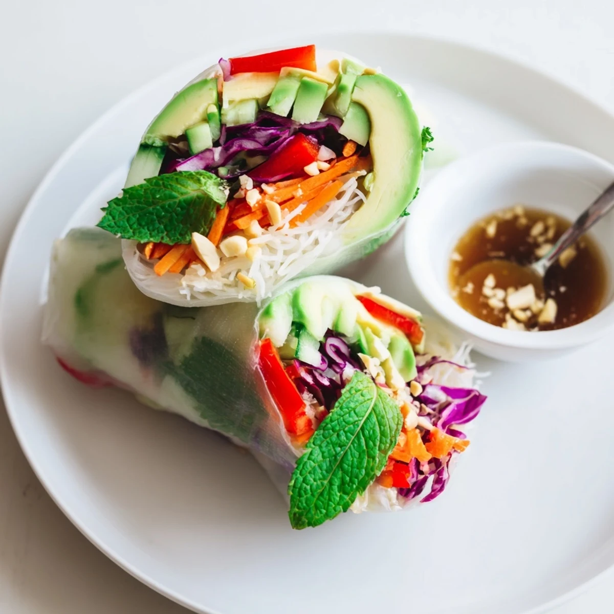Gluten Free Vegetable Spring Rolls arranged on platter with vibrant herbs and dipping sauce