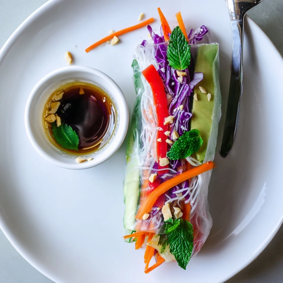 Crisp Gluten Free Vegetable Spring Rolls filled with julienned carrots, avocado, and mint