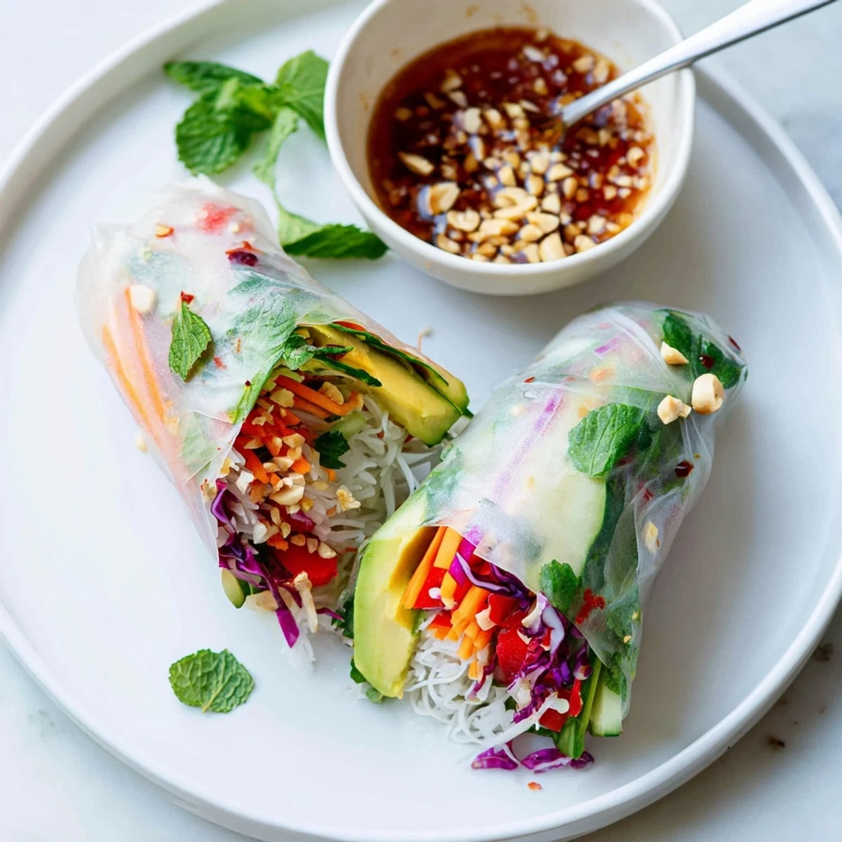 Hand-rolled Gluten Free Vegetable Spring Rolls beside tangy soy-tamari dipping sauce, ready to eat