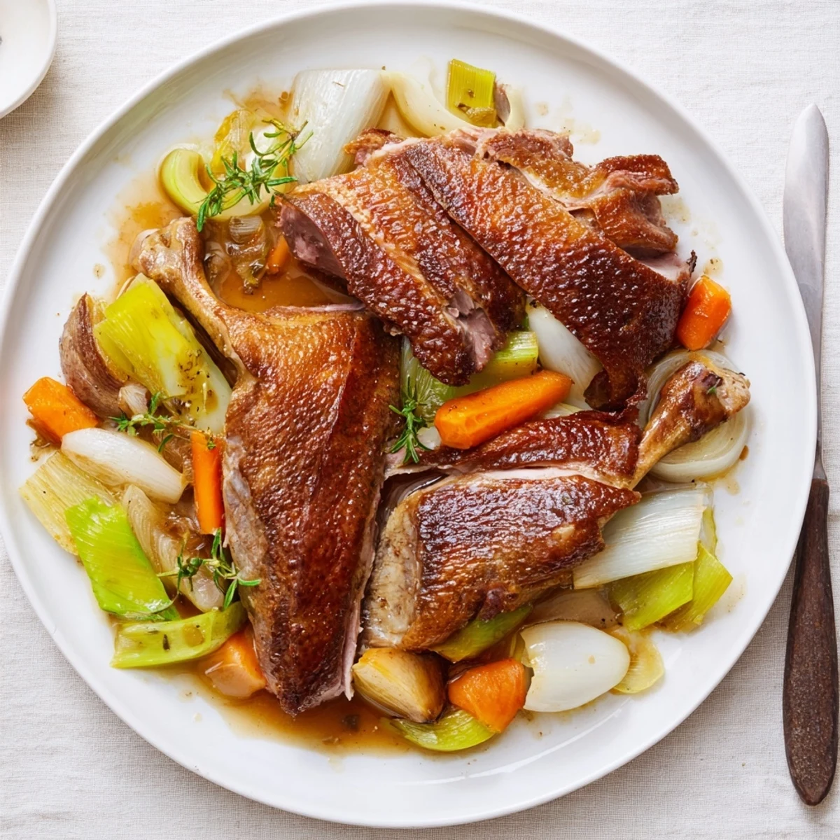 Buttery aromas surround a Crispy Braised Duck With Savory Vegetables, ready to carve