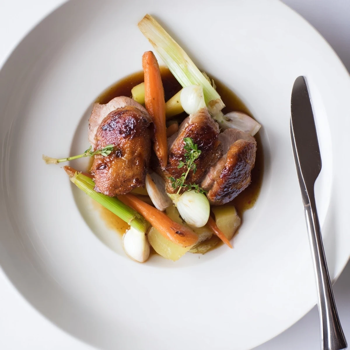 Crispy Braised Duck With Savory Vegetables, golden-crisp skin resting on braised carrots