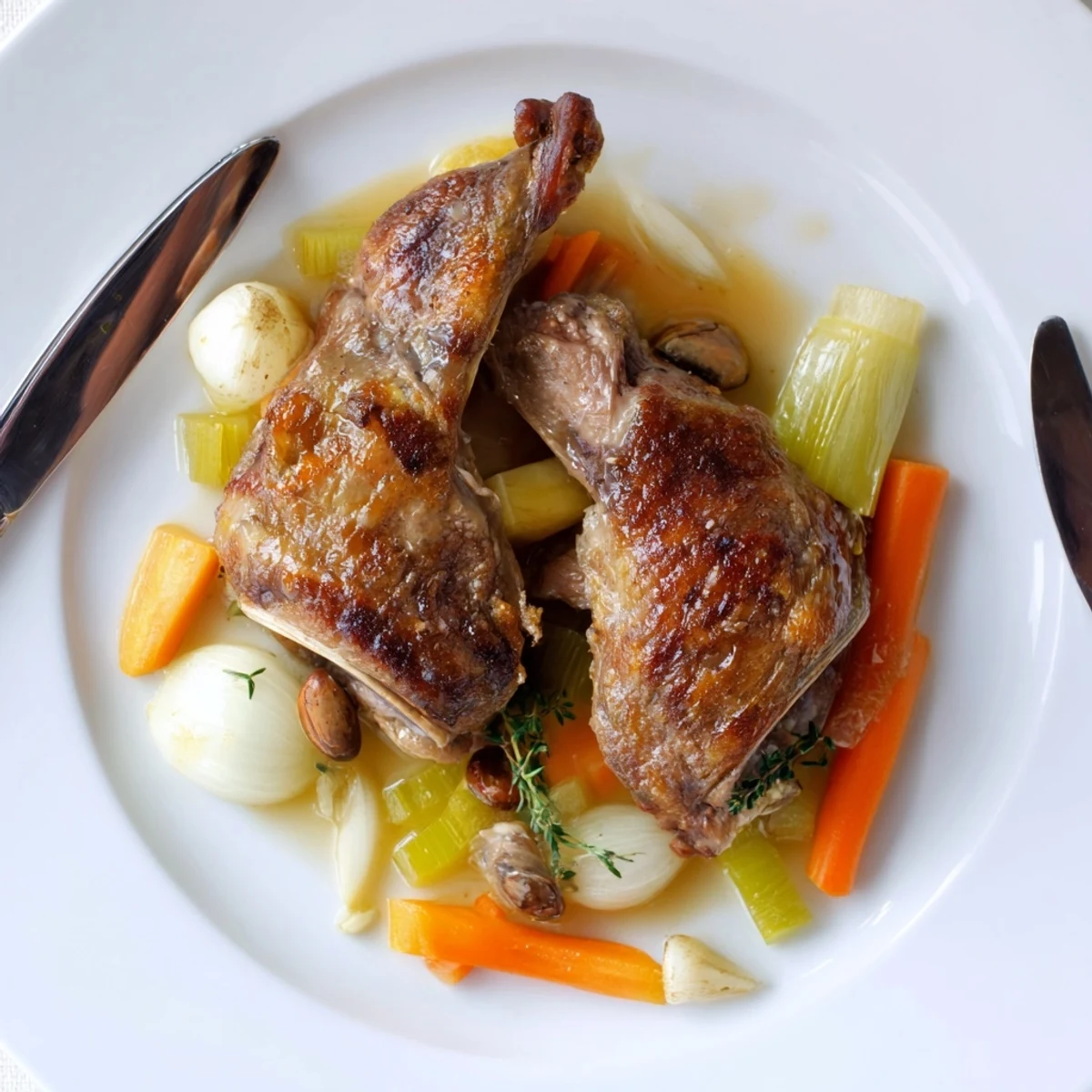 Crispy Braised Duck With Savory Vegetables, skin crackling, carved over creamy parsnip mash