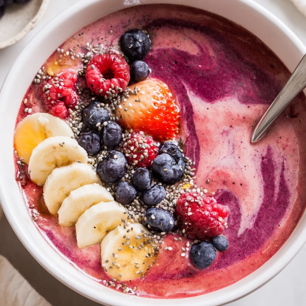 Summer Berry Smoothie in frosty glass, silky, vibrant, garnished with fresh berries