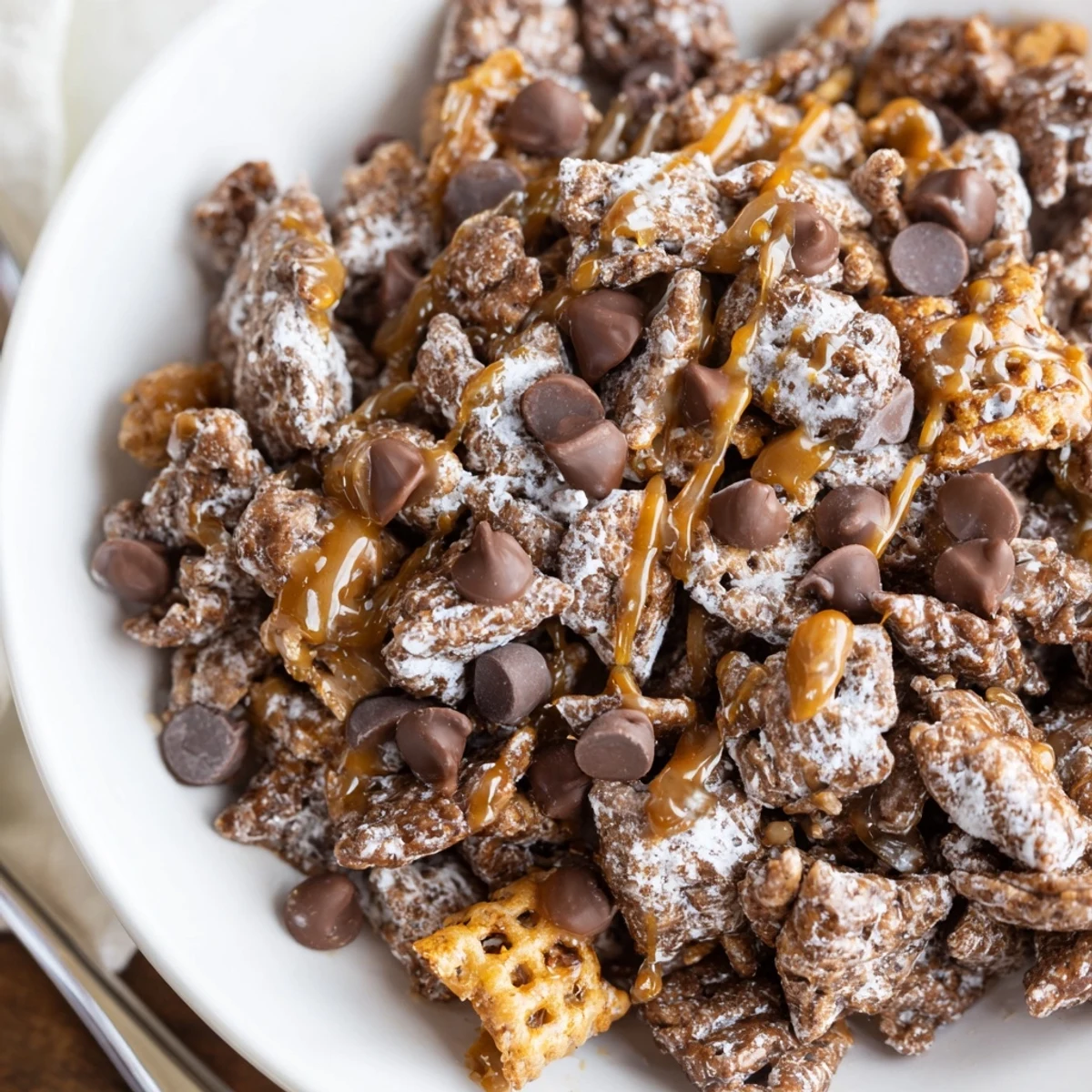 Close-up of Samoas Puppy Chow Cereal: chocolate-coated, coconut-speckled snack mix