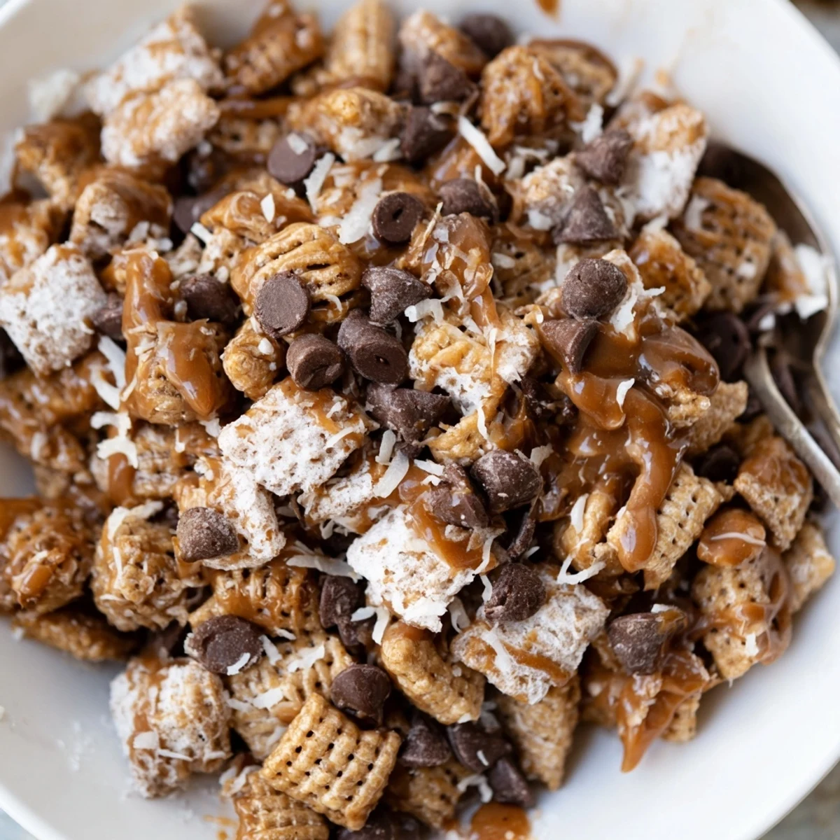 Samoas Puppy Chow Cereal cooling on parchment, powdered-sugar dusted, toffee aroma