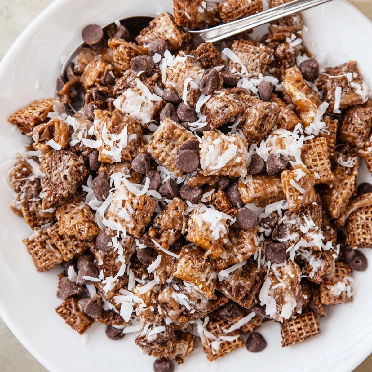 Bowl of Samoas Puppy Chow Cereal served for parties, crunchy, sweet