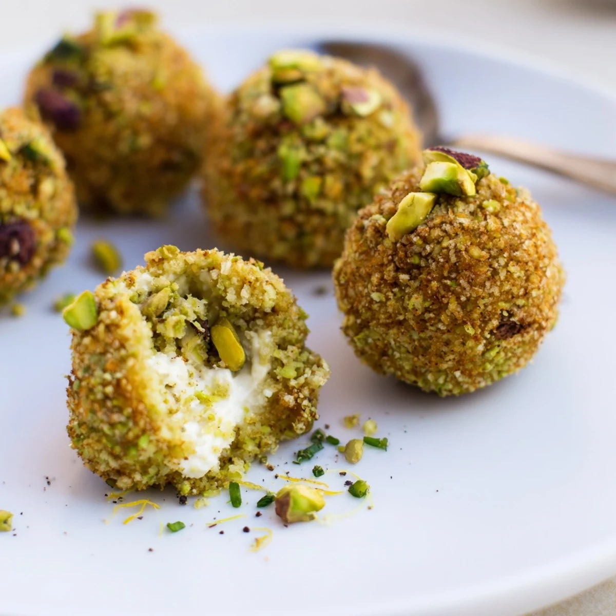 Hand-rolled Savory Pistachio Crusted Cheese Bites with lemony chives, served with crostini.