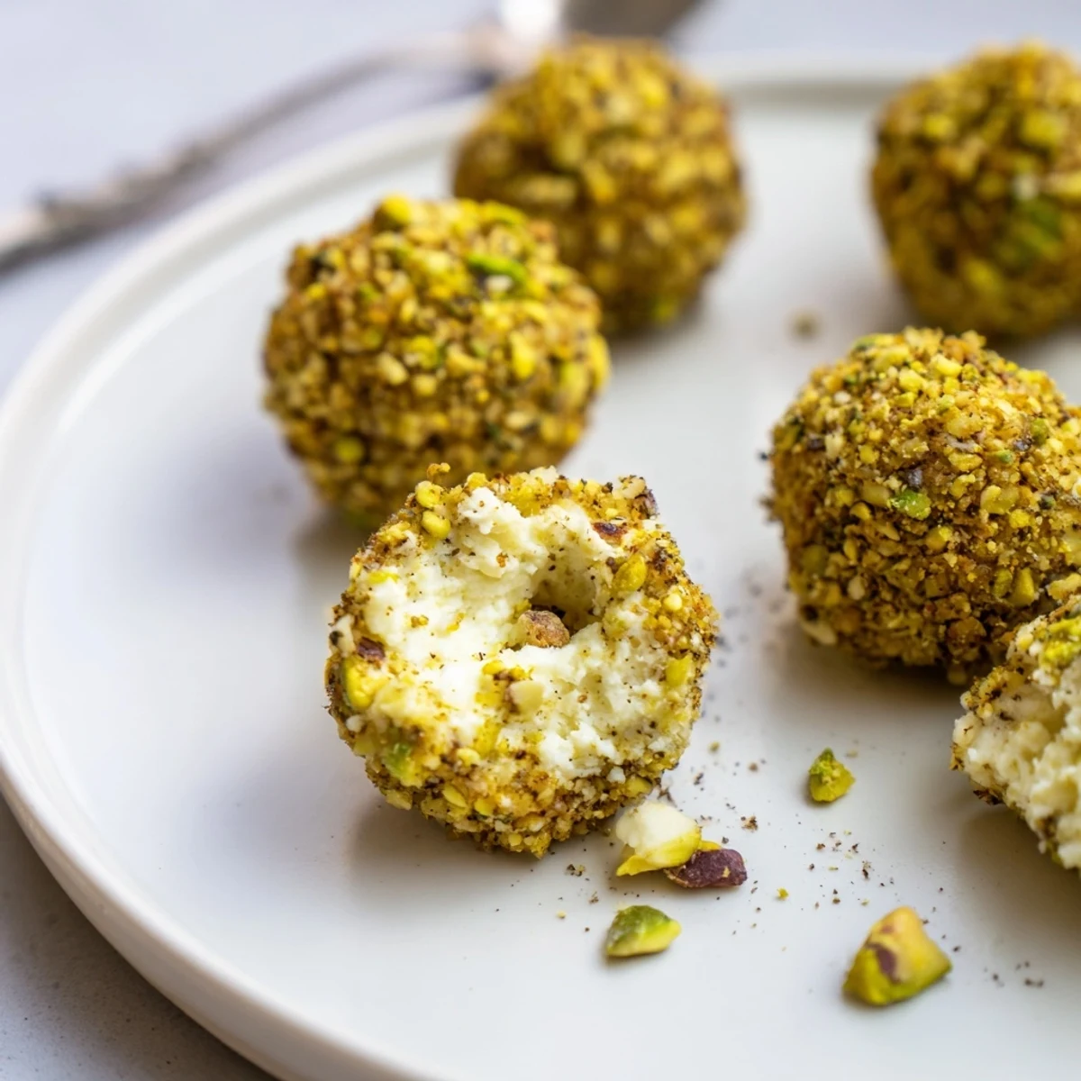 Savory Pistachio Crusted Cheese Bites on a platter, creamy centers, crunchy coating.