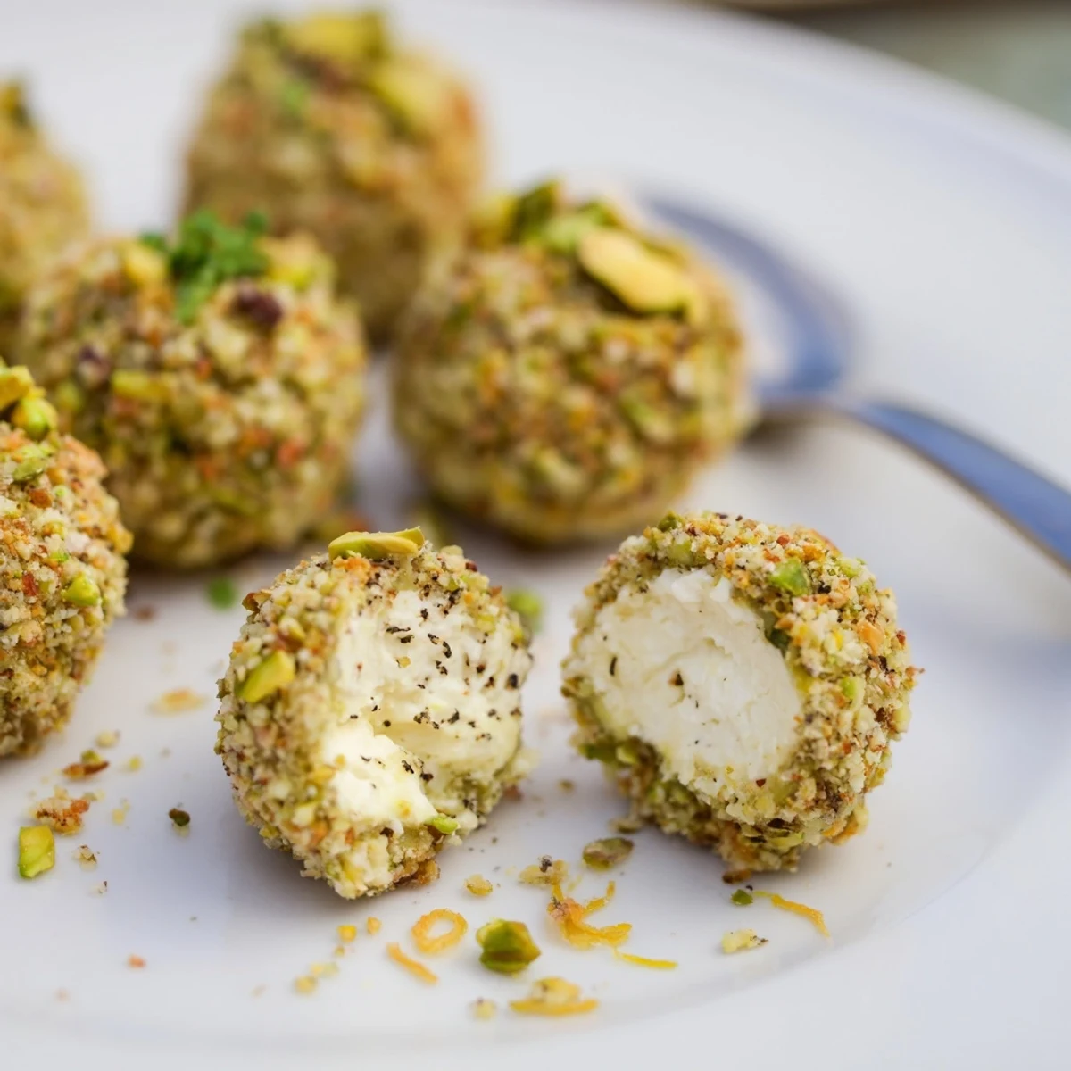 Savory Pistachio Crusted Cheese Bites chilled for firm texture, ideal party snack pairing.