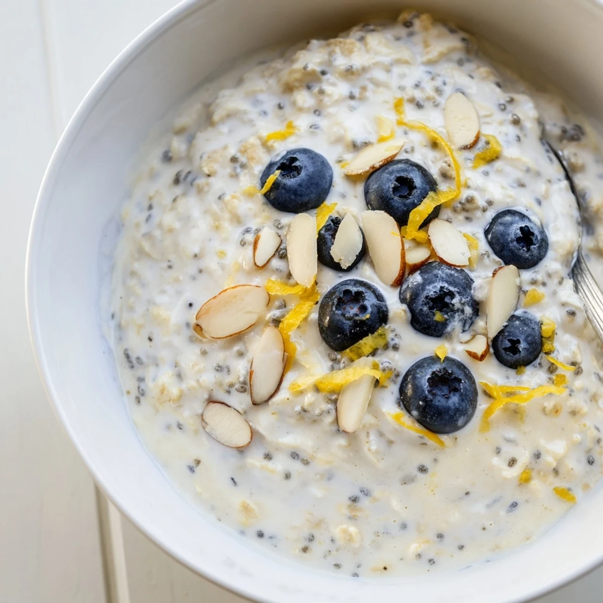 Blueberry Lemon Overnight Oats topped with crunchy almonds, bright citrus aroma.