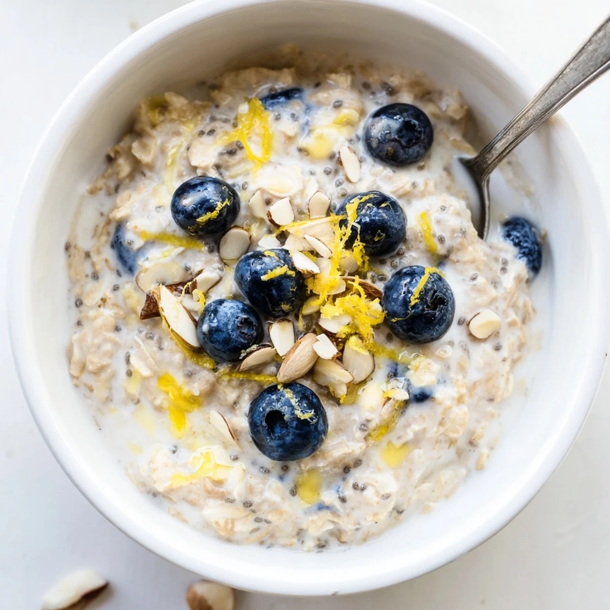 Creamy Blueberry Lemon Overnight Oats in a jar, chilled, tangy lemon zing.