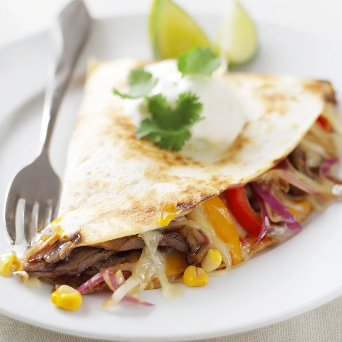 Pan-seared Sweet Savory Beef Quesadillas sliced into wedges with lime and cilantro