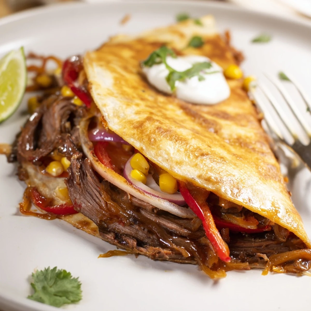 Sweet Savory Beef Quesadillas with golden crisp tortillas and gooey melted cheese