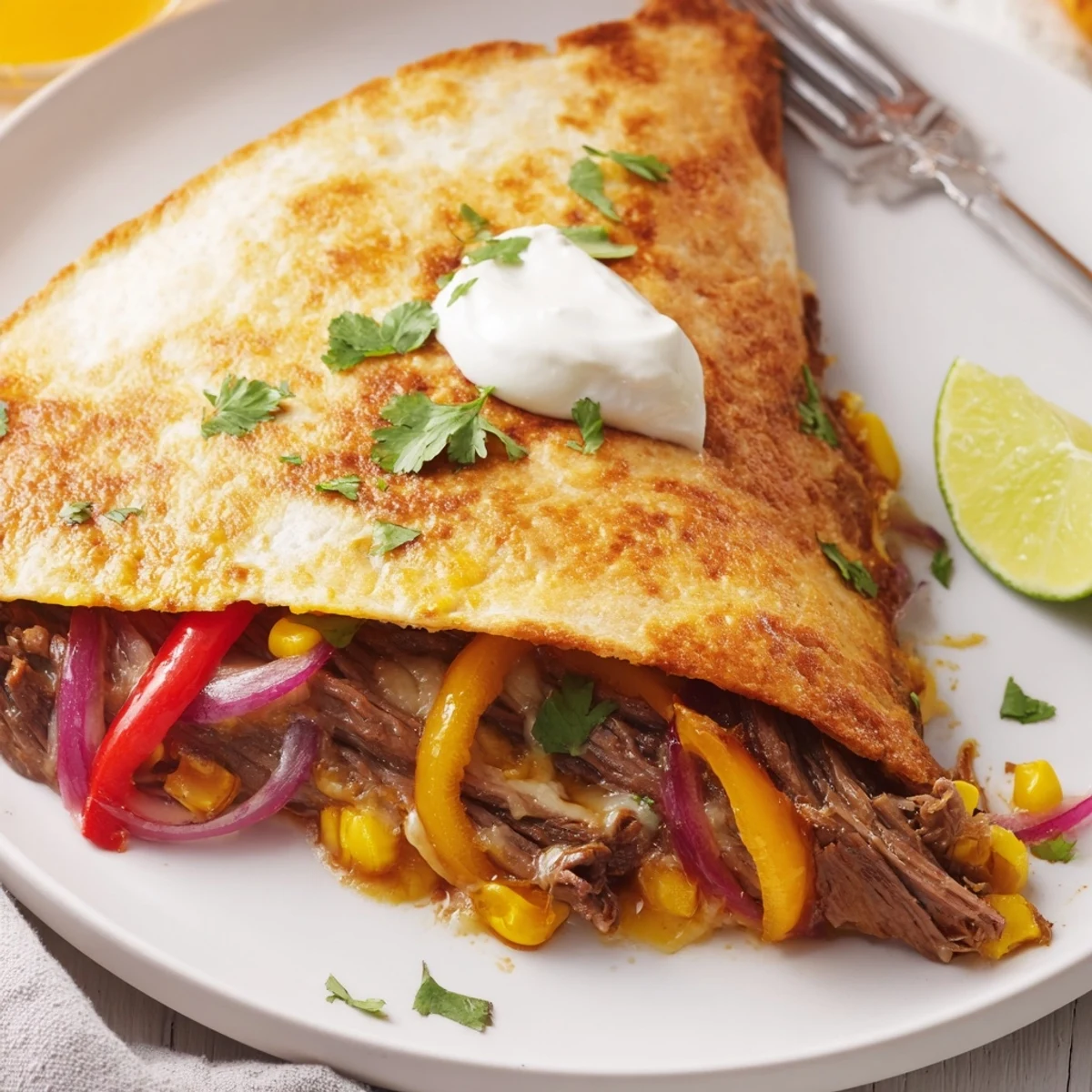 Warm Sweet Savory Beef Quesadillas fragrant with brown sugar, corn, and melted cheddar