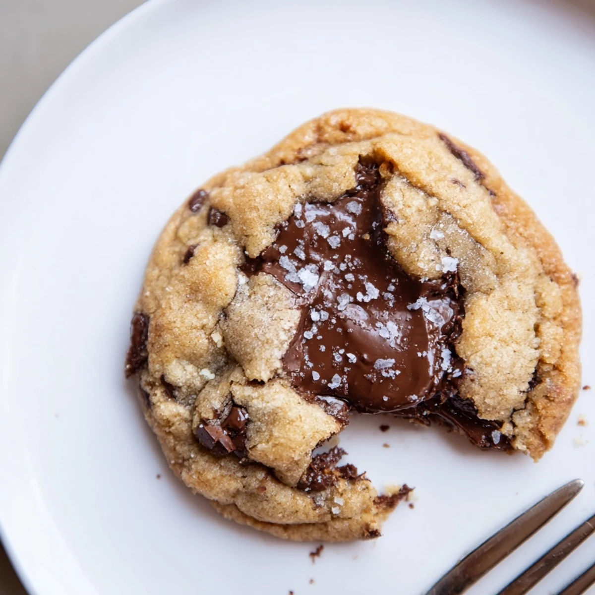 Warm Brown Butter Chocolate Chip Cookies Recipe on parchment, sprinkled with sea salt.