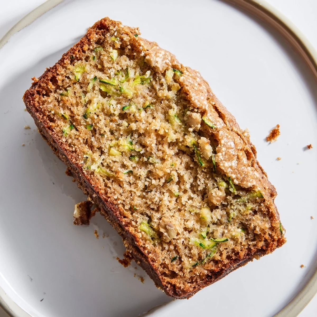 Warm Zucchini Banana Bread slice with melty butter, cinnamon aroma rising