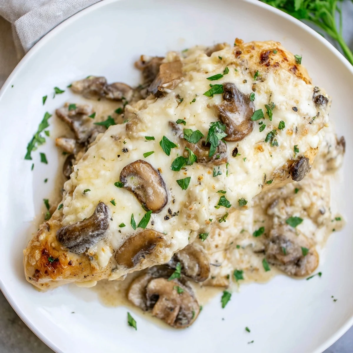 Bubbling golden Cheesy Chicken Mushroom Bake with creamy sauce and thyme  