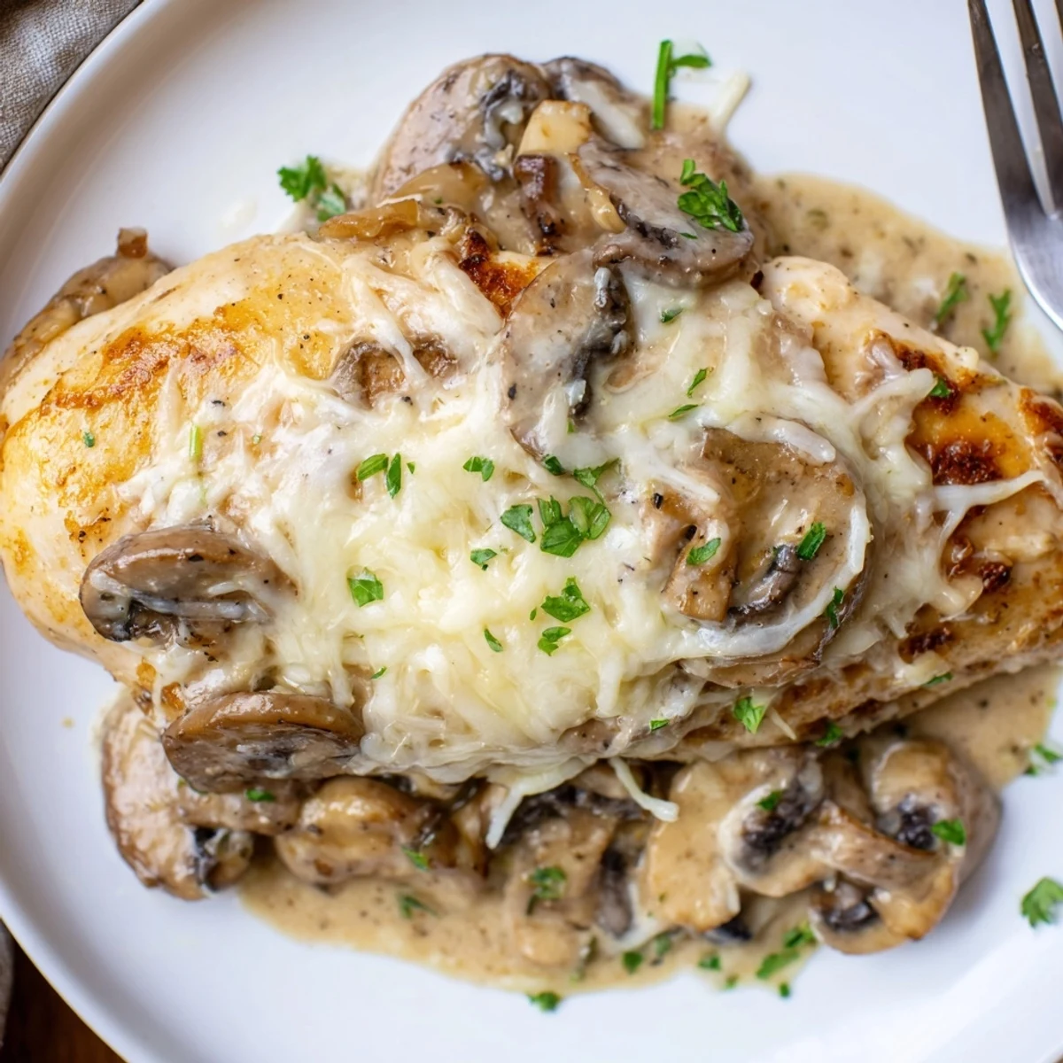 Freshly baked, the Cheesy Chicken Mushroom Bake releases savory mushroom and melted cheese aromas