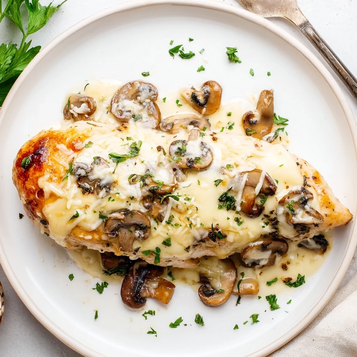 Cheesy Chicken Mushroom Bake served with mashed potatoes and fresh parsley garnish  