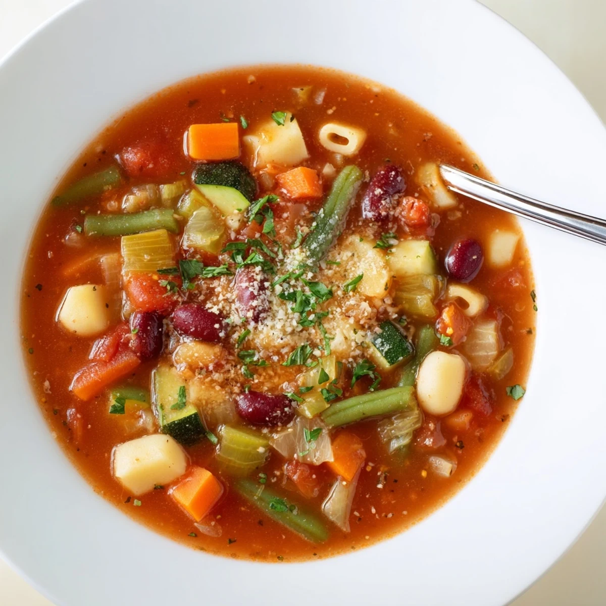 Hot Minestrone Soup steaming in a bowl, chunky vegetables and pasta
