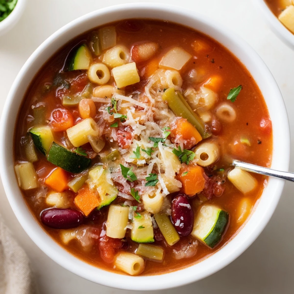 Savory bowl of Minestrone Soup brimming with beans, zucchini, fragrant herbs
