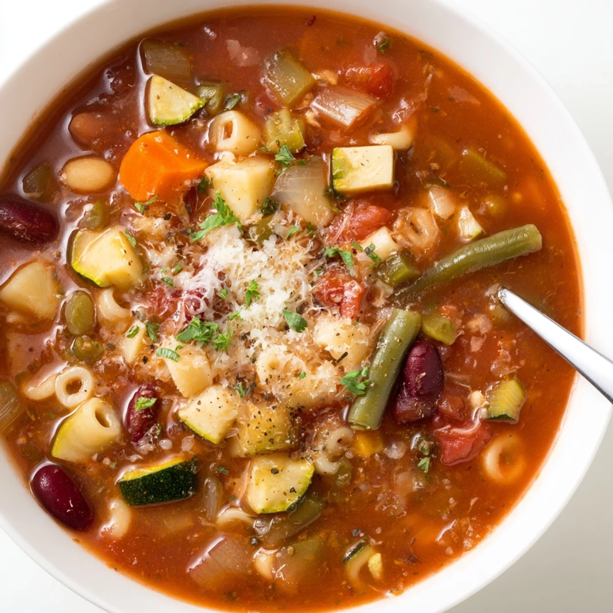 Ladle pouring Minestrone Soup into rustic bowl, topped with parsley