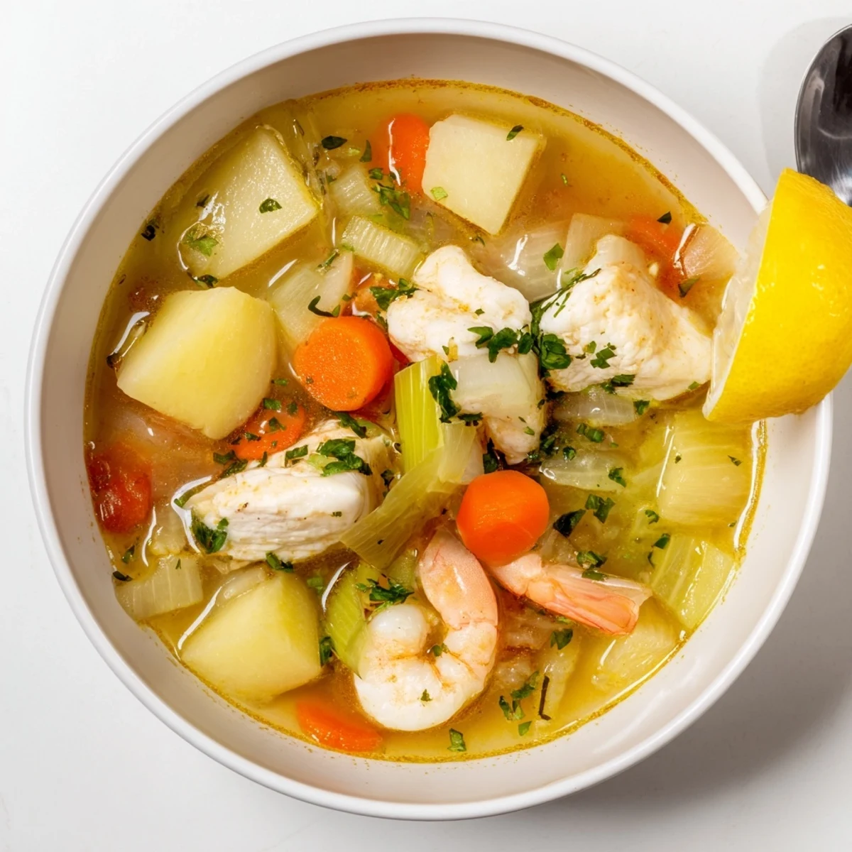 Fish Soup steaming in bowl with parsley garnish and lemon wedge