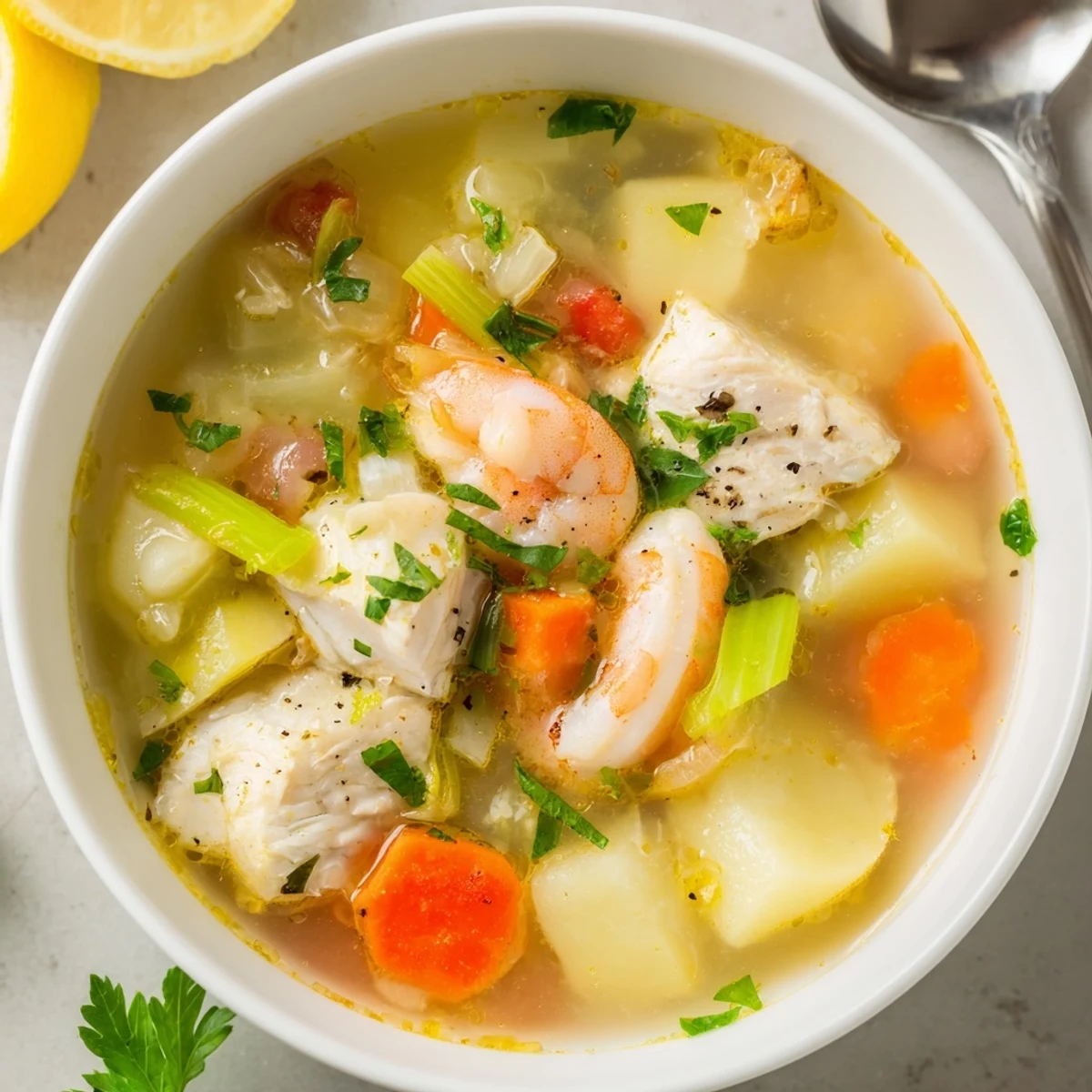 Hearty Fish Soup with flaky cod, potatoes, carrots, and crusty bread