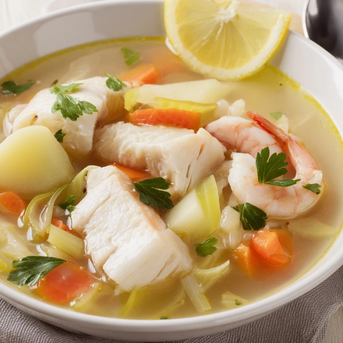 Aromatic Fish Soup simmered in savory broth with herbs, lemon, and parsley