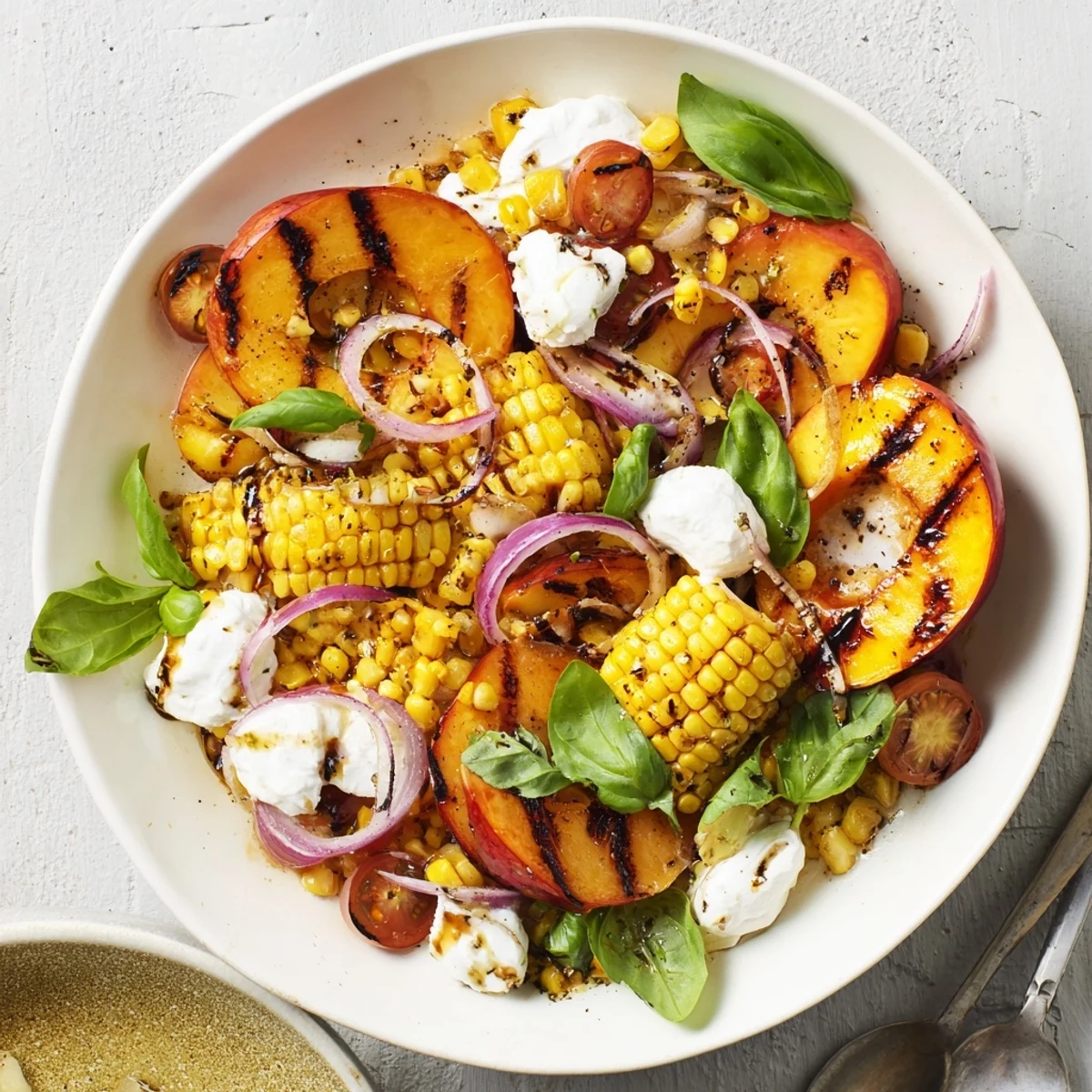 Sunlit plate of Grilled Peach Corn Salad with Creamy Cheese, charred peach aroma.