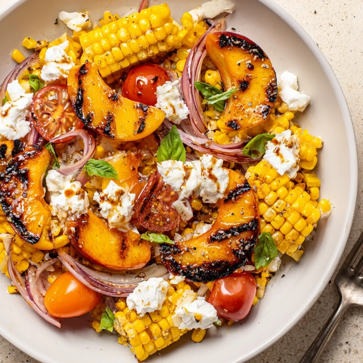 Grilled Peach Corn Salad with Creamy Cheese topped with torn basil leaves.