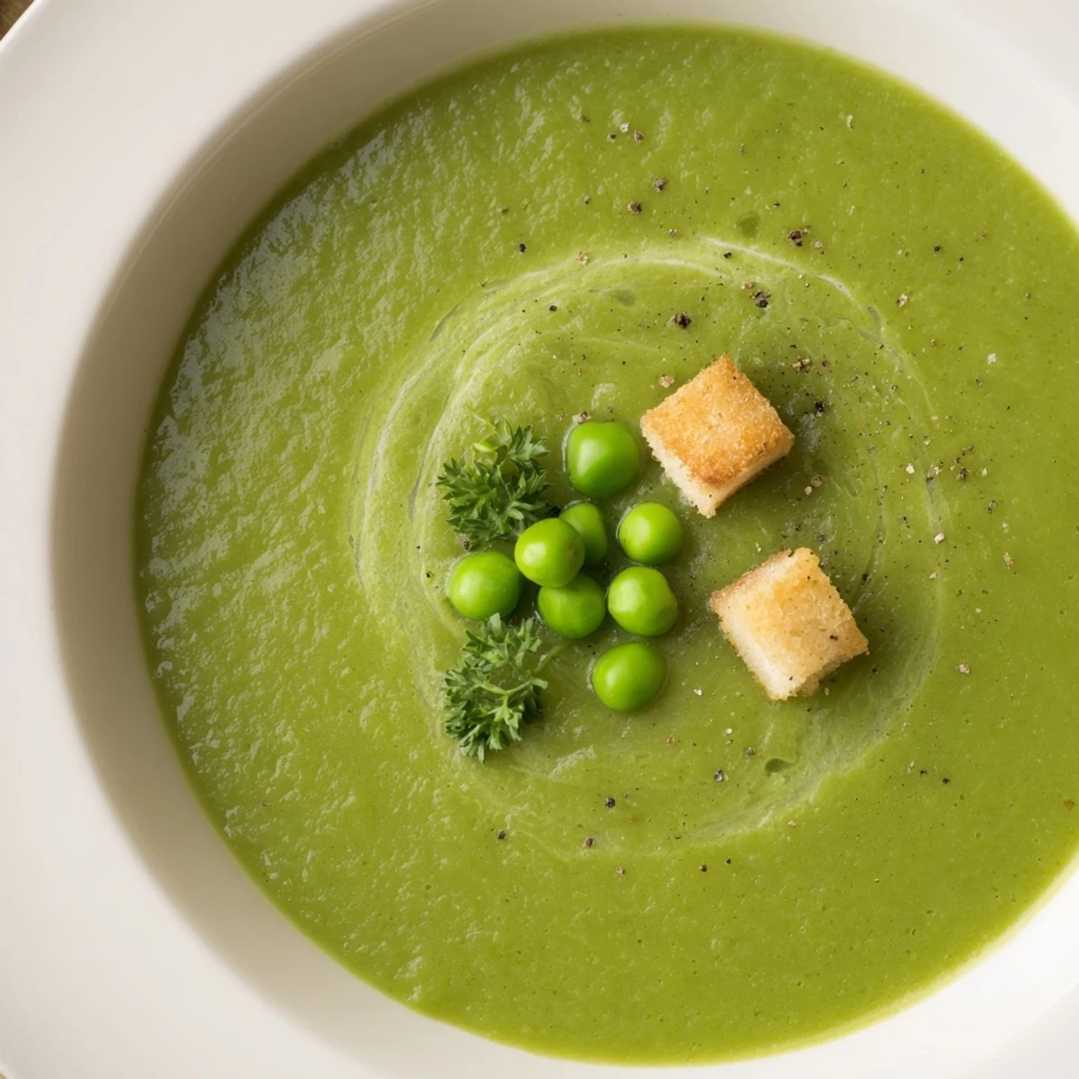 Pea Soup in white bowl with creme fraiche swirl, bright green steam
