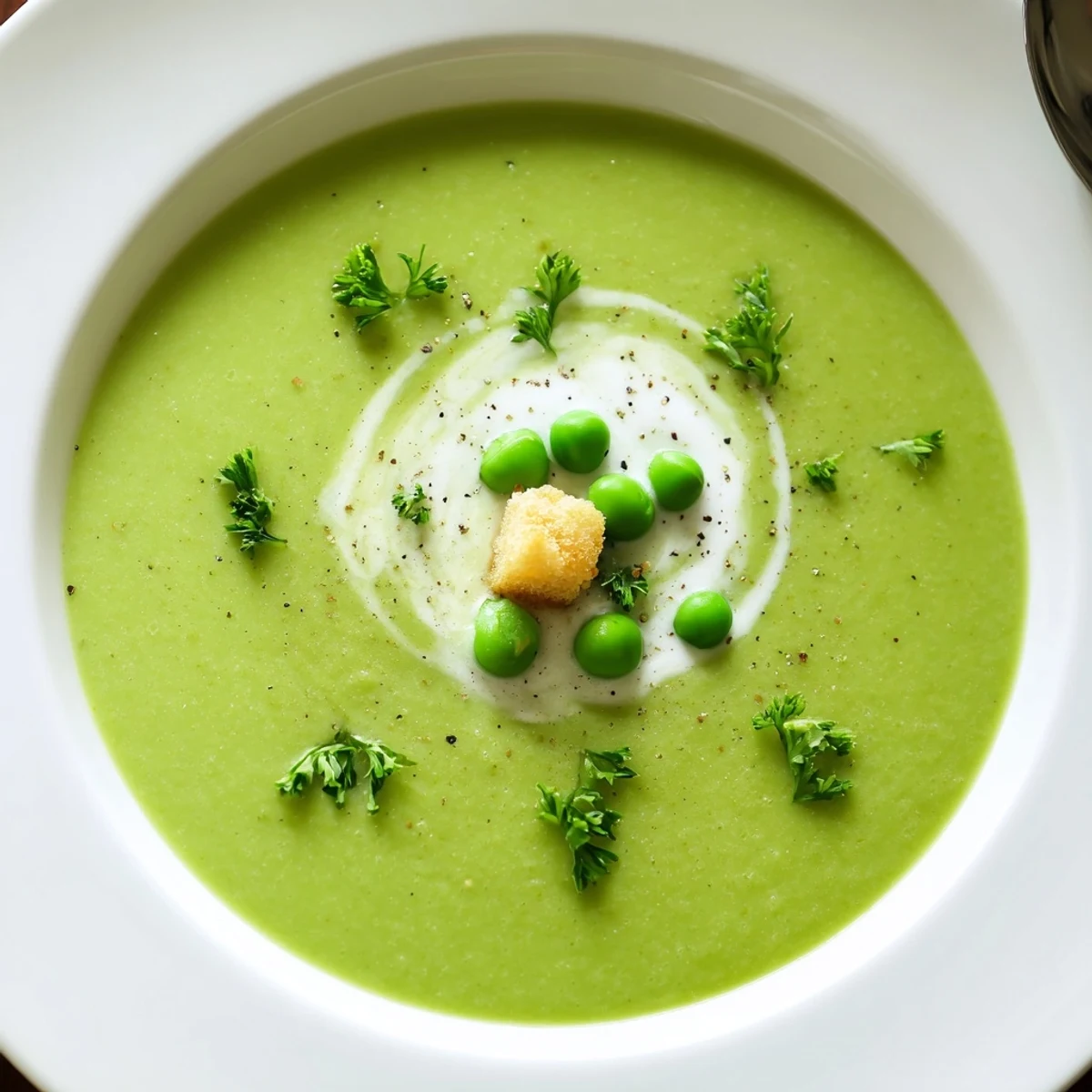 Velvety Pea Soup garnished with chopped parsley and crusty bread slice