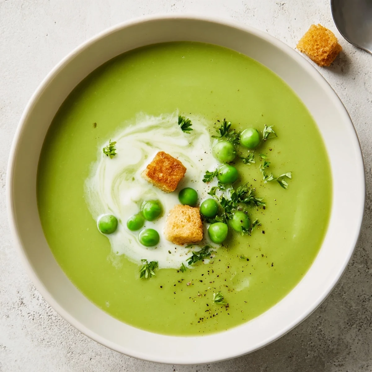 Steaming bowl of Pea Soup, silky texture, garlic and thyme aroma