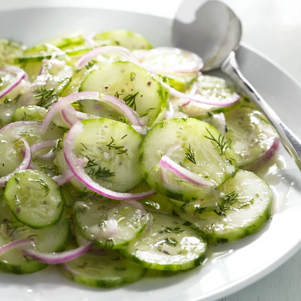 Cucumber Salad with dill and red onion, chilled and crisp summer side
