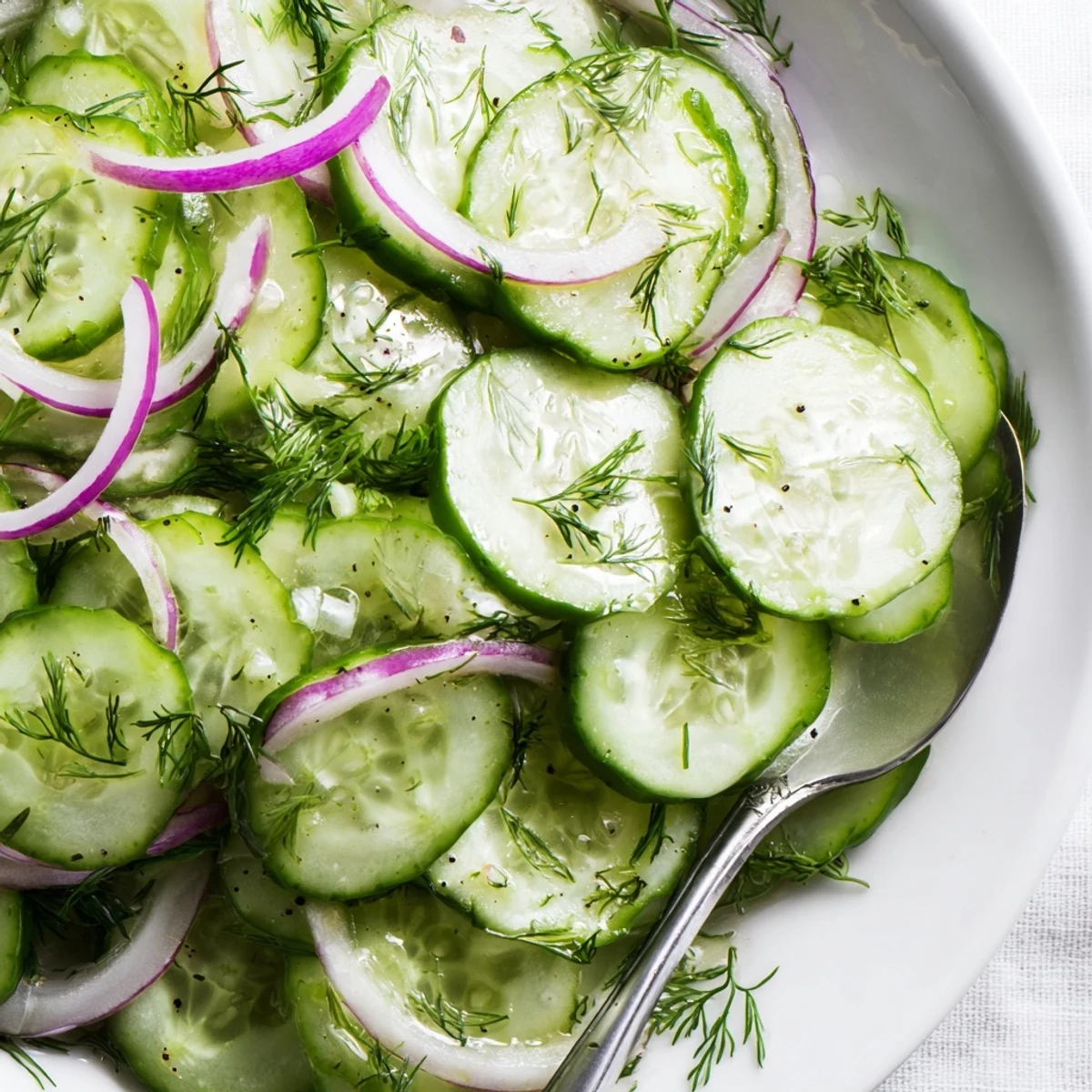 Thinly sliced Cucumber Salad served chilled beside grilled chicken for contrast