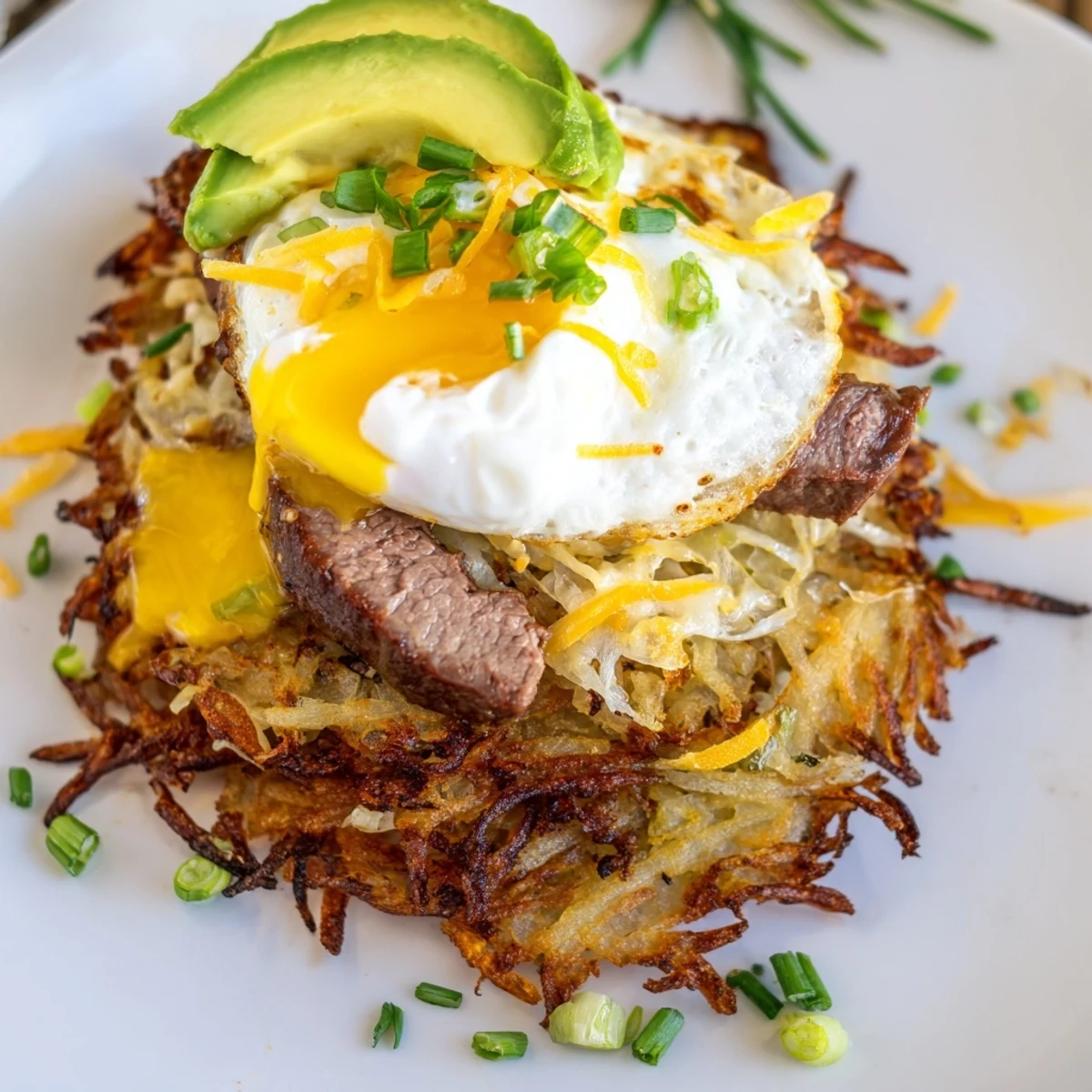 Morning plate showing Loaded Steak Egg Hash Brown Stacks Recipe with avocado, chives