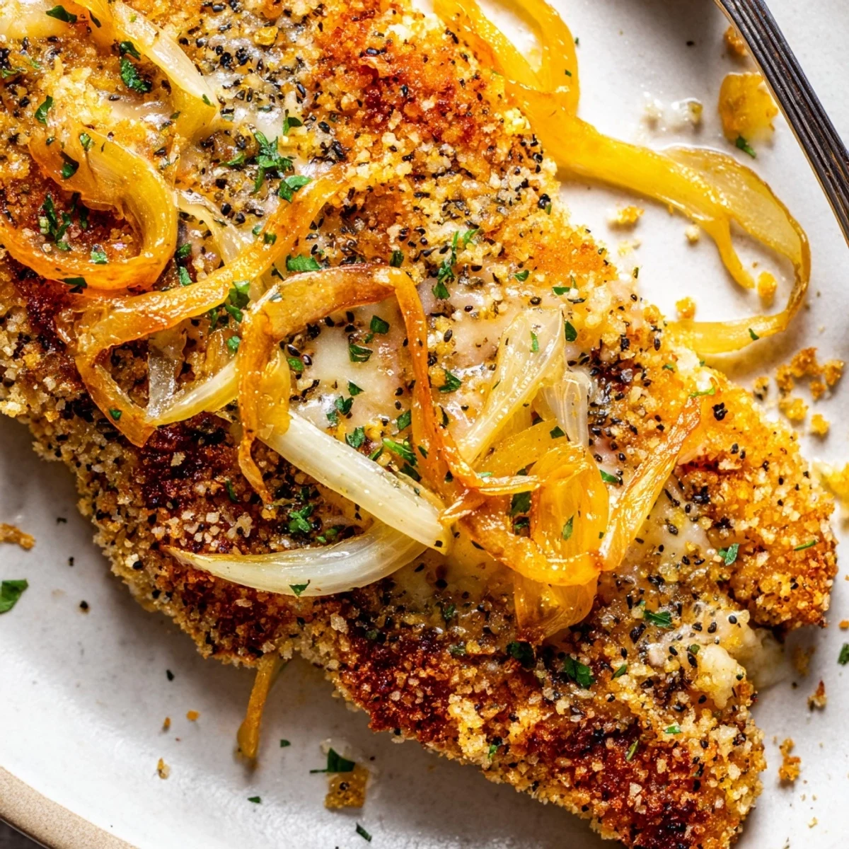 Crispy Chicken Caramelized Onions Melted Cheese atop parchment, golden bubbling and fragrant