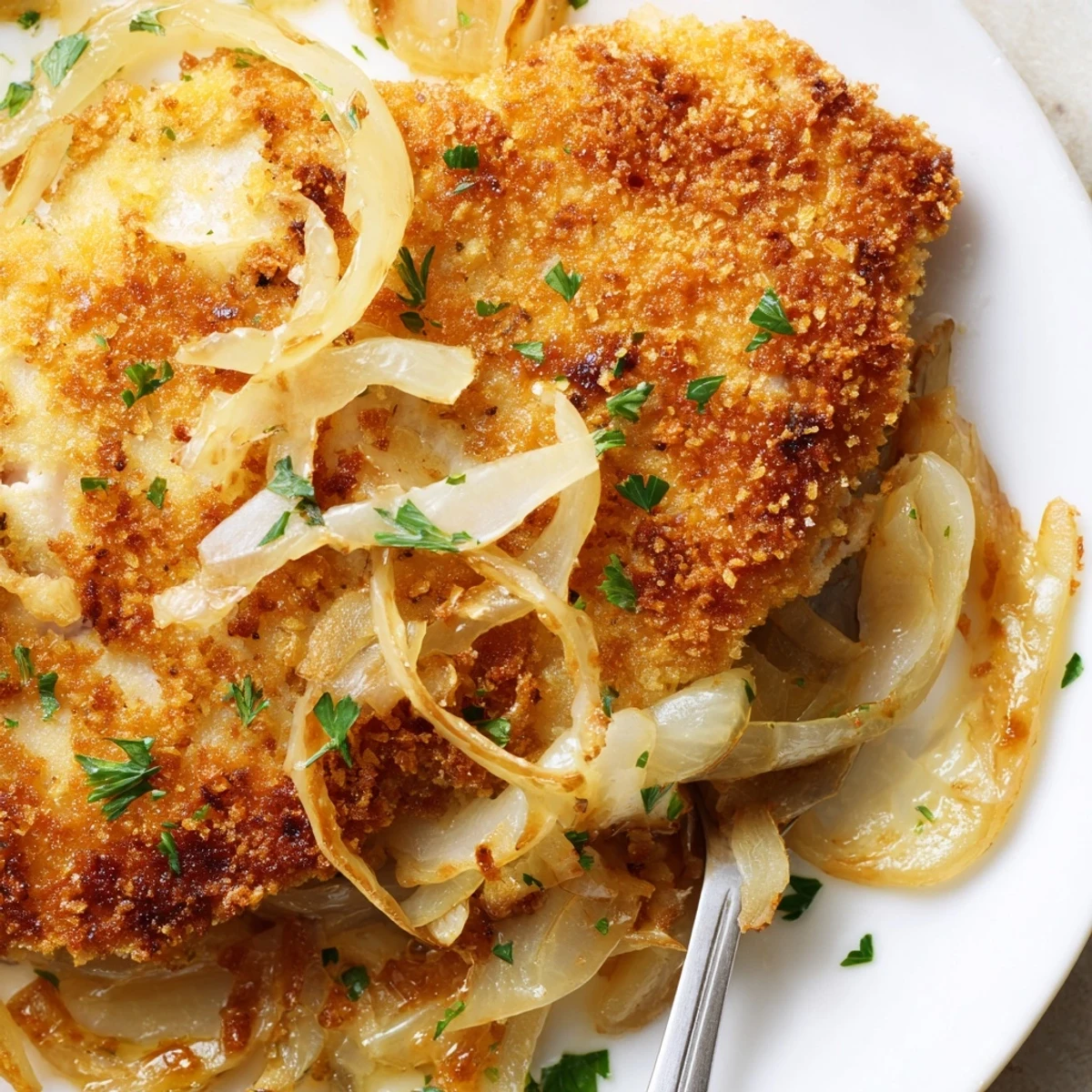Oven-browned Crispy Chicken Caramelized Onions Melted Cheese, mozzarella stretching invitingly