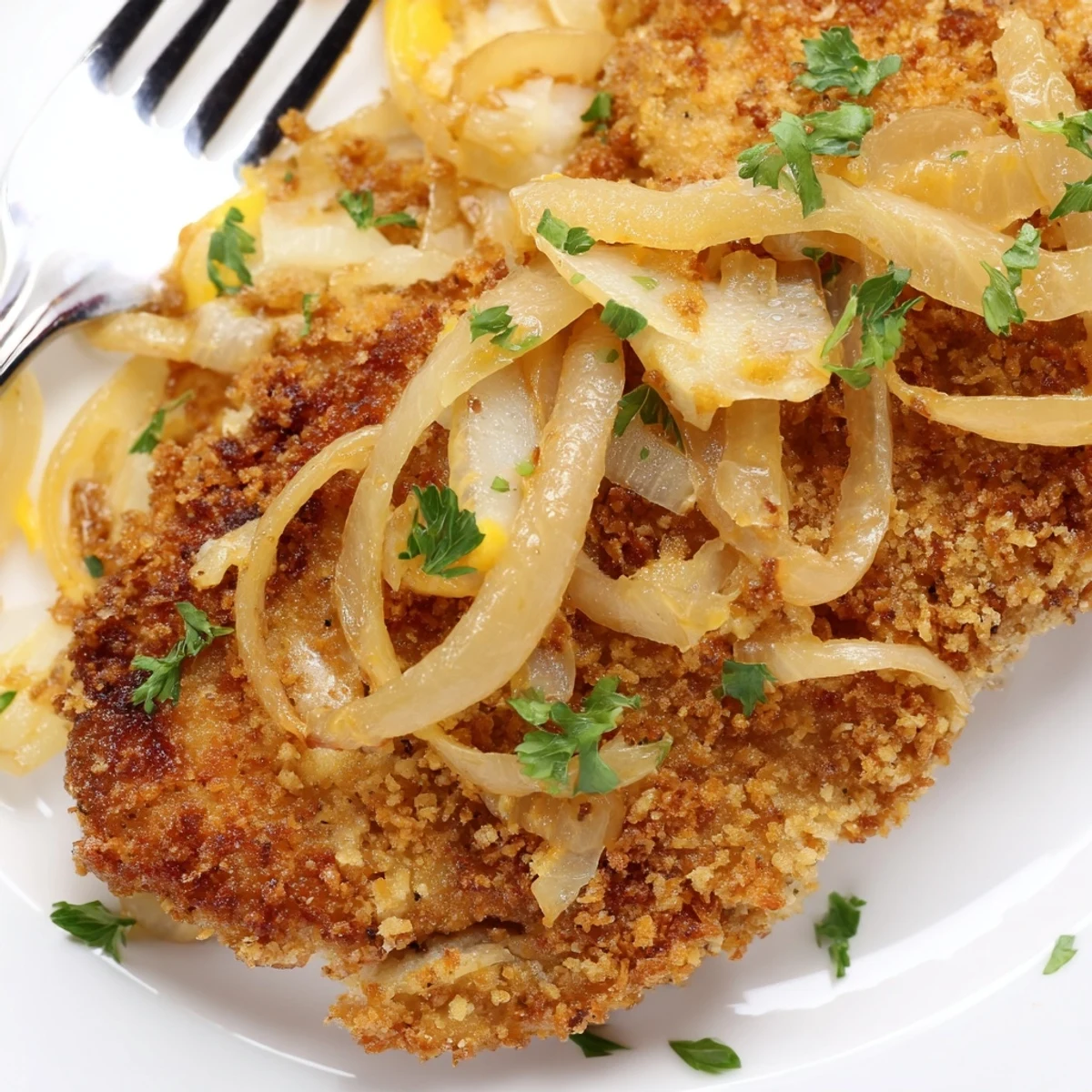 Family-style Crispy Chicken Caramelized Onions Melted Cheese plated with crisp salad