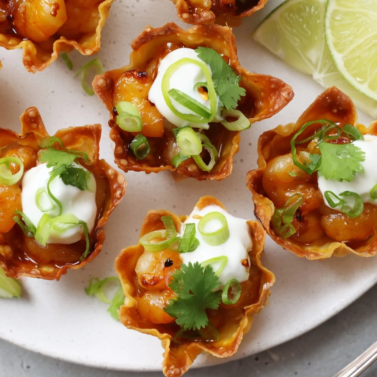 Crispy Shrimp Wonton Cups With Lime Cream, golden baked cups garnished with cilantro.