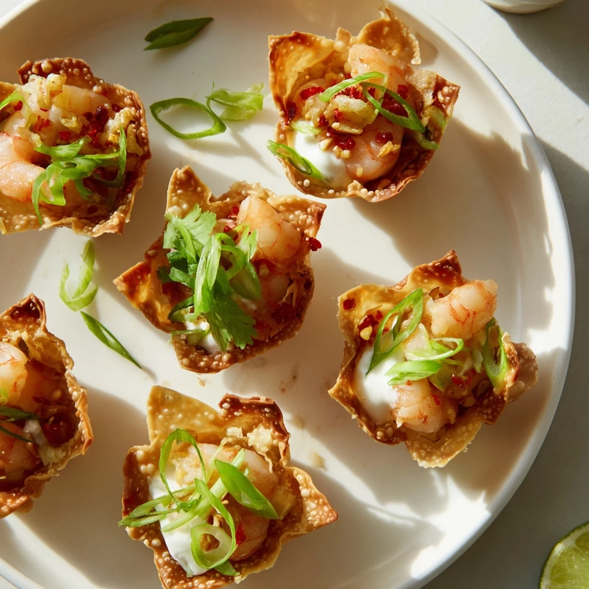 Golden baked bites of Crispy Shrimp Wonton Cups With Lime Cream, zesty and creamy.