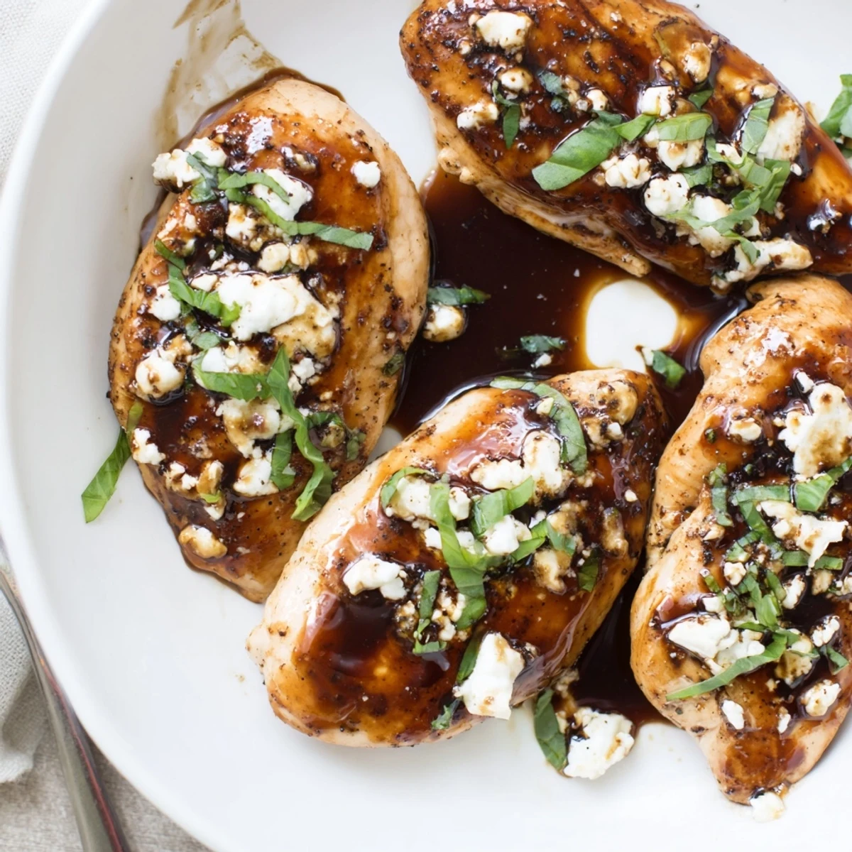 Sweet Tangy Balsamic Chicken with Goat Cheese & Basil, juicy breasts with glaze