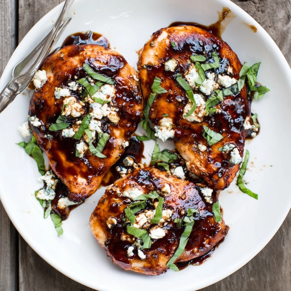 Slices of Sweet Tangy Balsamic Chicken with Goat Cheese & Basil, creamy melting cheese