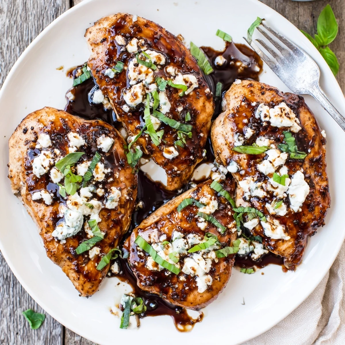 Pan-seared Sweet Tangy Balsamic Chicken with Goat Cheese & Basil, glossy honey-balsamic drizzle